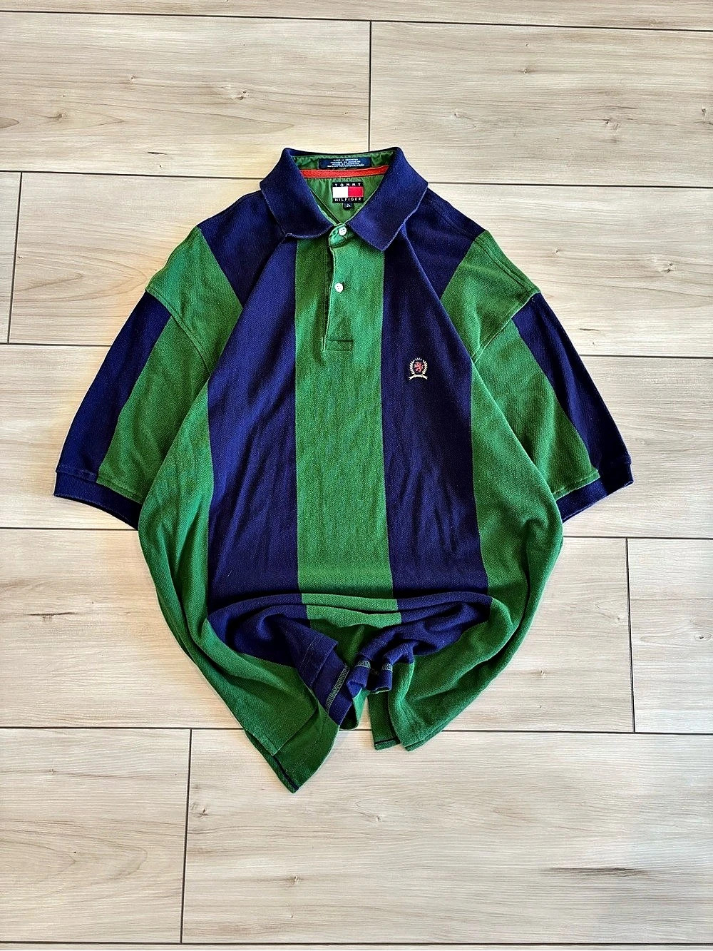 Tommy Hilfiger Vintage Vertical Stripe Polo Shirt with Crest Logo Green & Blue